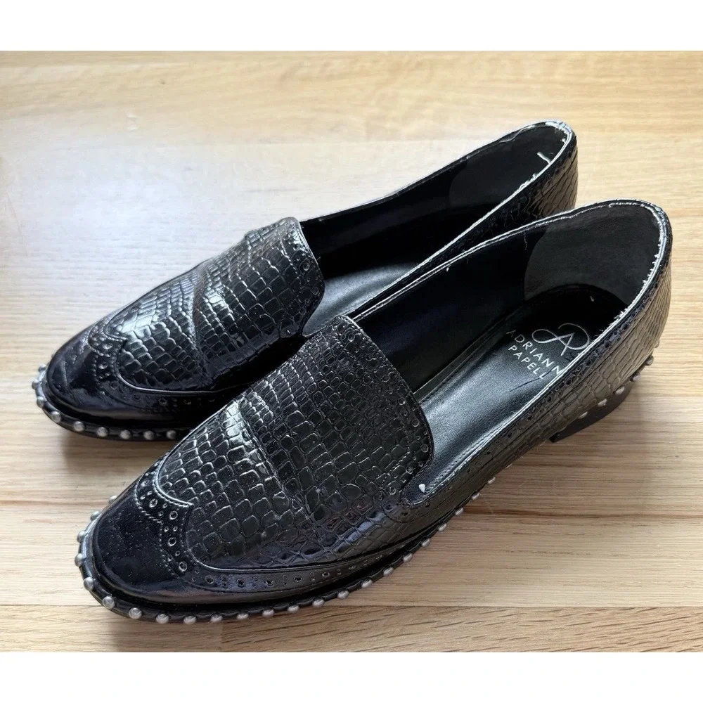 Adriana Papell Paloma Slip On Loafers Black Croc Embossed Leather Sz 8